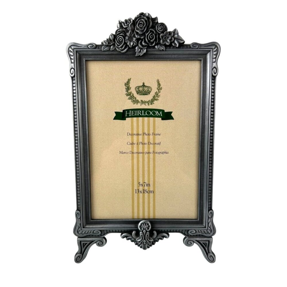 Heirloom Metal Rose Floral Vertical 5x7 Picture Frame Scroll Silver Tone